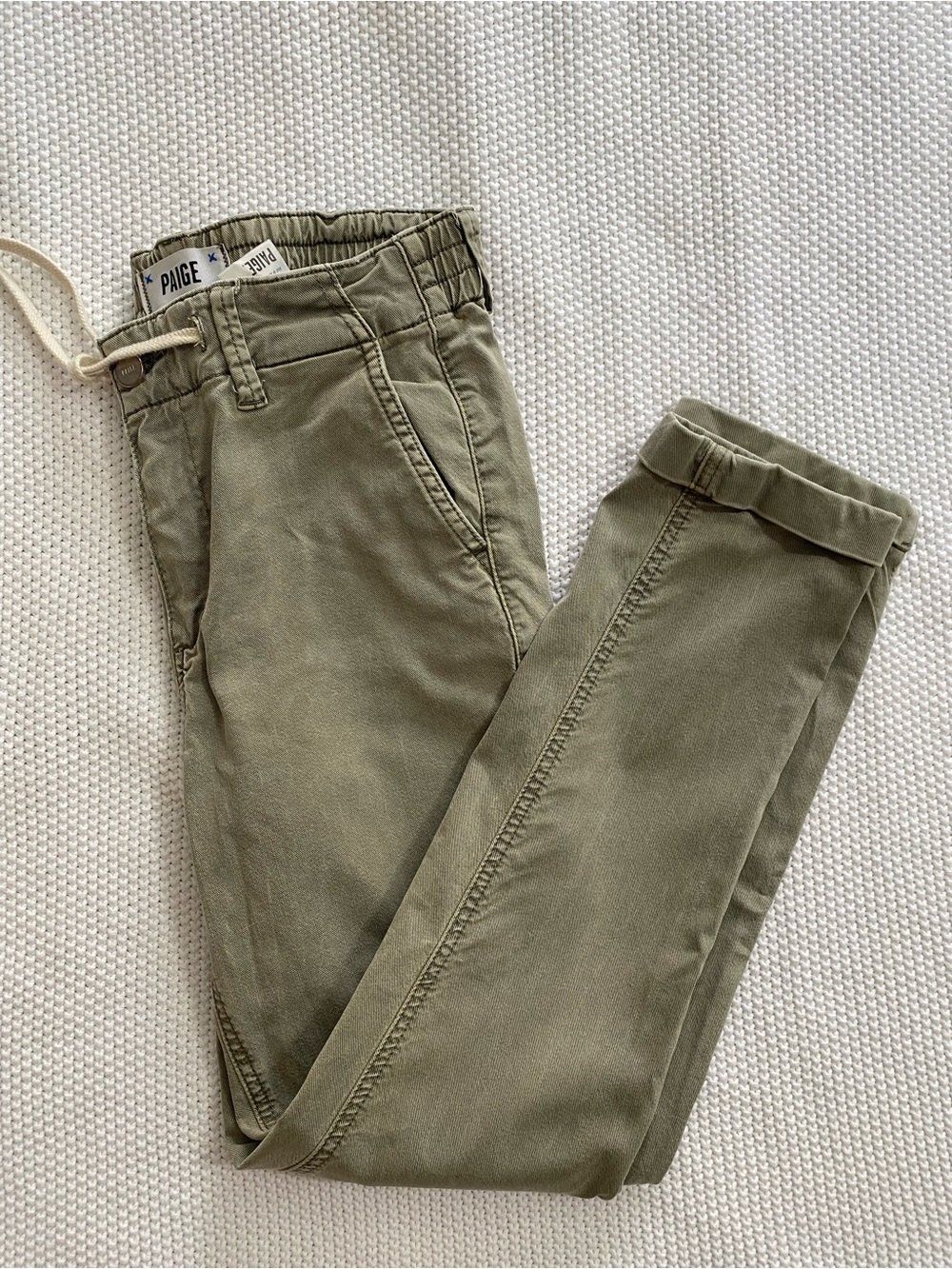 PAIGE Olive Green Distresses Lyocell Drawstring Elastic Waist Skinny Jeans